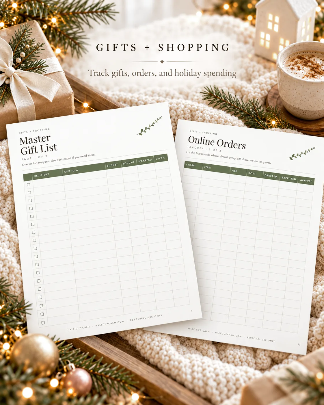 Master gift list and online orders tracker pages from The Calm Mom Holiday Planner