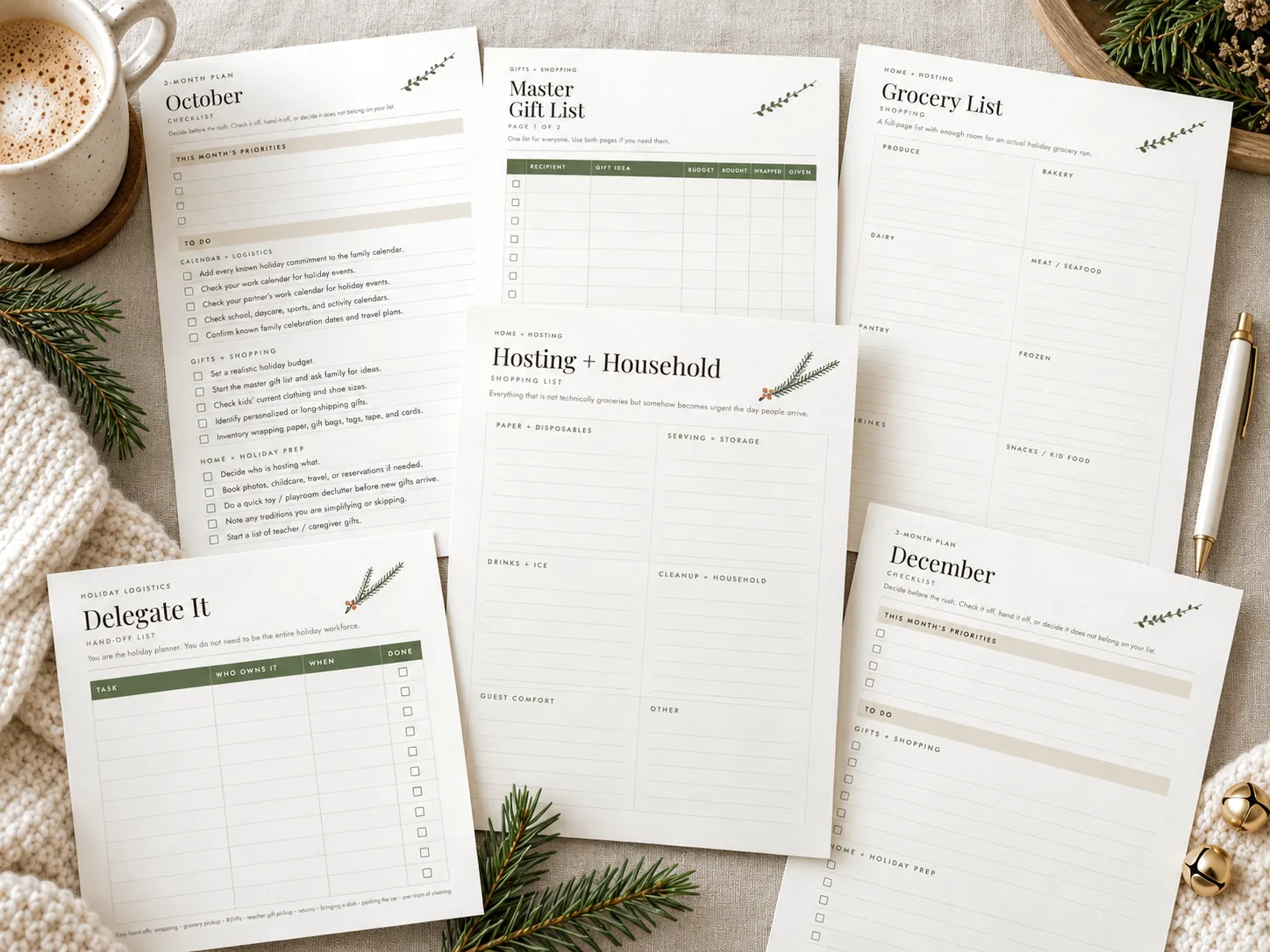 Gift list, grocery list, delegate list and hosting pages from The Calm Mom Holiday Planner