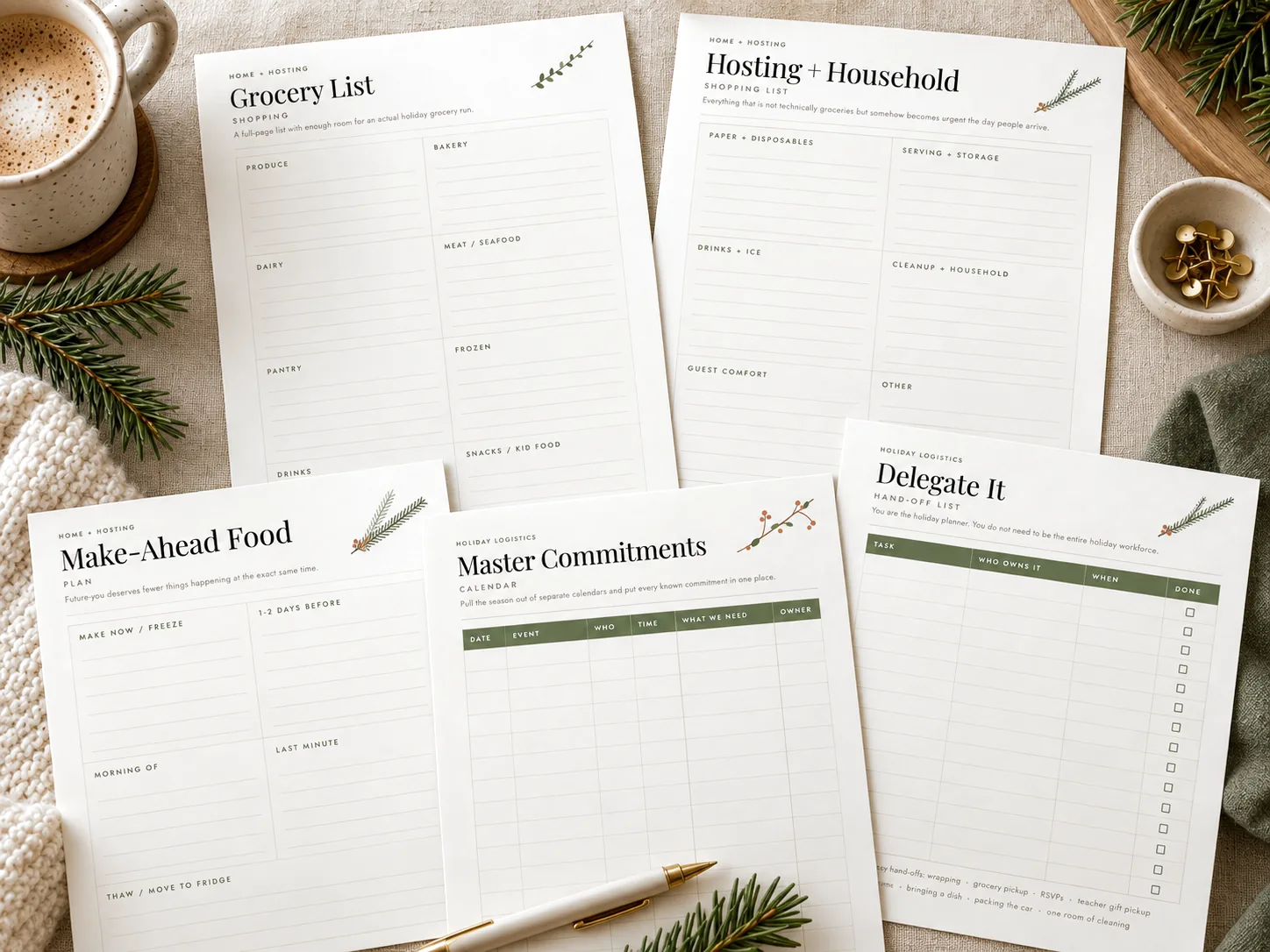 Master commitments, delegate it, make-ahead food, grocery and hosting pages from The Calm Mom Holiday Planner