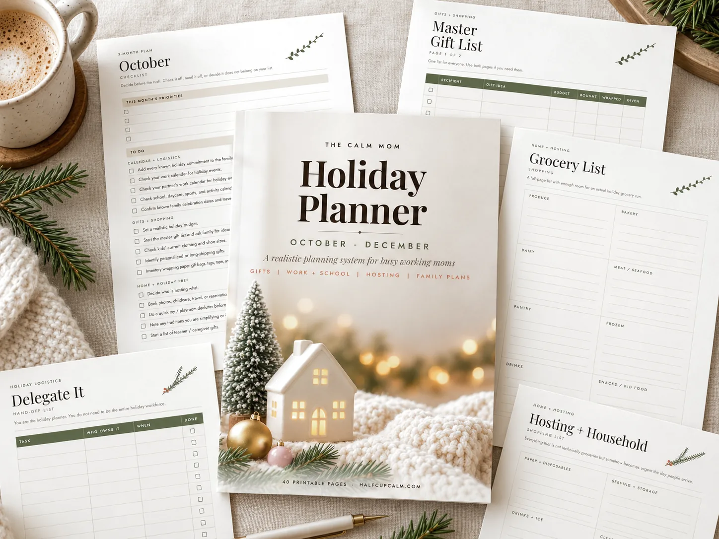 The Calm Mom Holiday Planner cover surrounded by printable planning pages