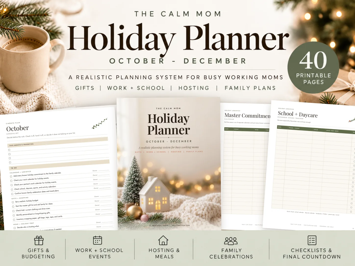 The Calm Mom Holiday Planner printable pages arranged in a holiday flat lay
